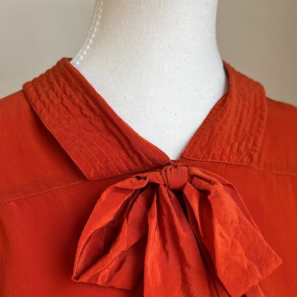 Vintage Orange 100% Silk‎ Bow Tie Peter Pan Collar Secretary Blouse Top - Picture 2 of 13